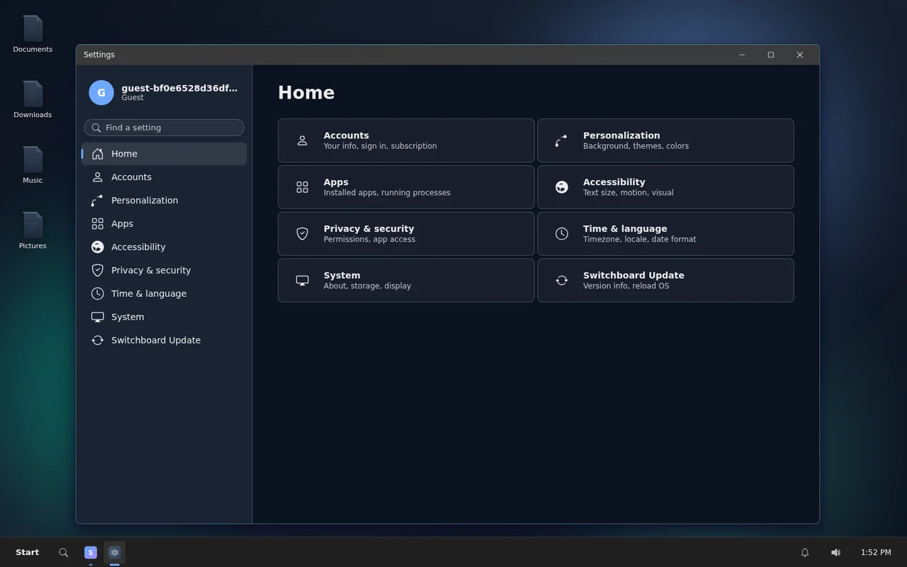 Switchboard settings app open inside the browser desktop