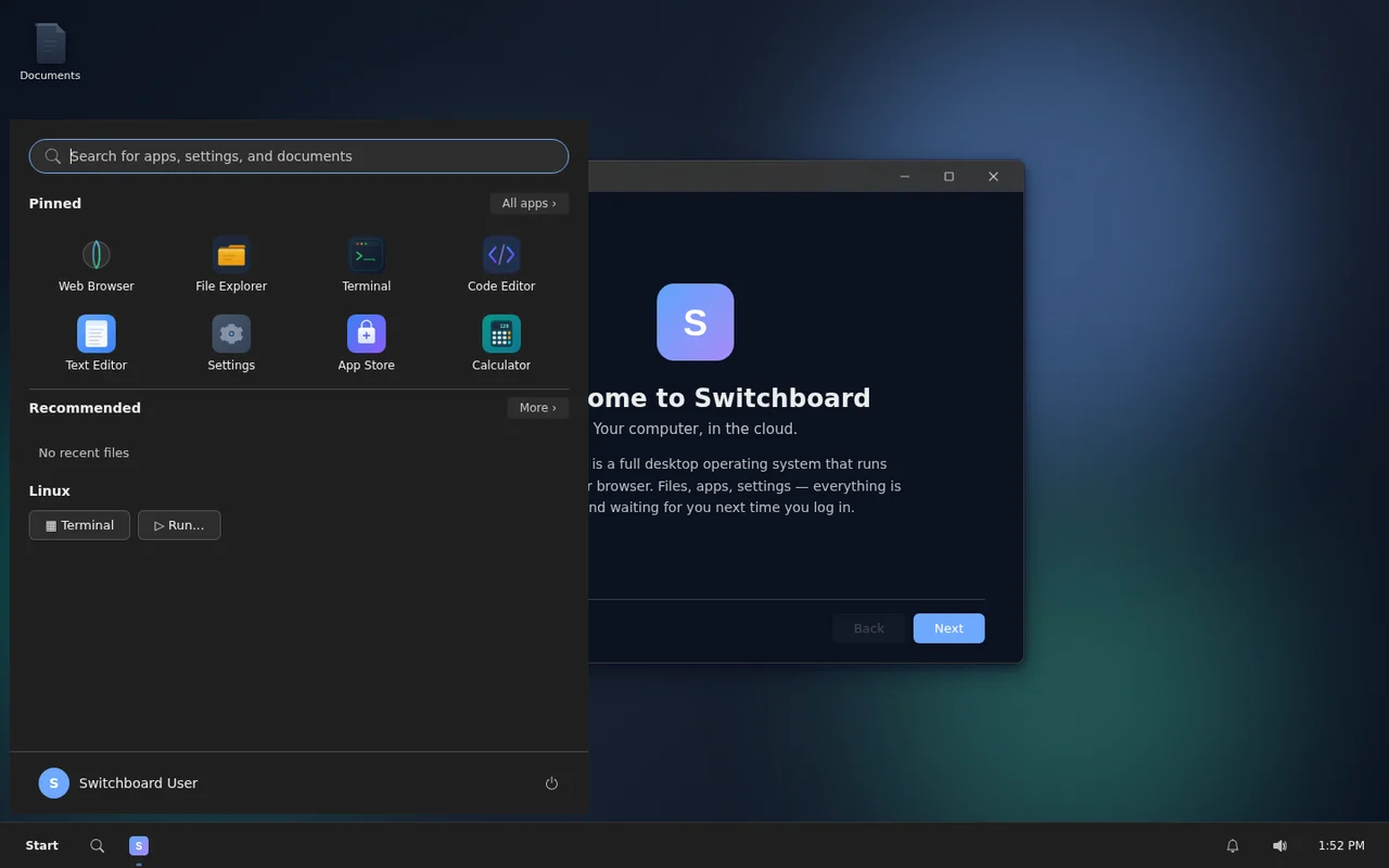 Switchboard desktop launcher with pinned apps and system tools